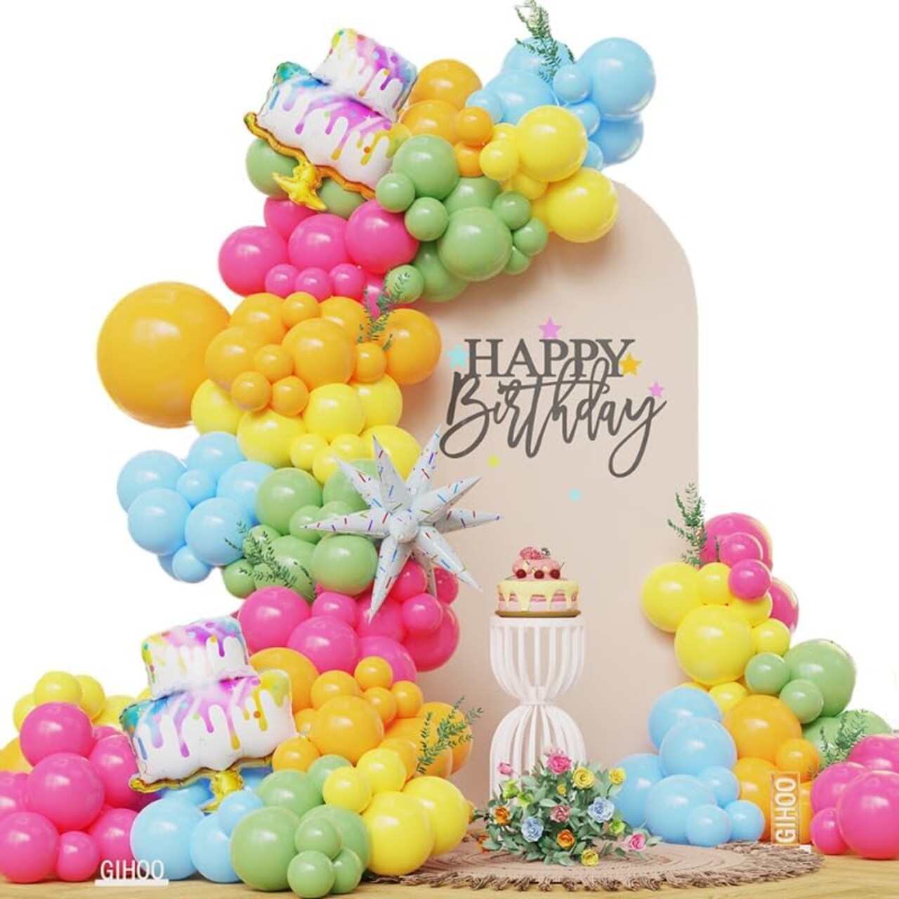 Happy Birthday Balloon Arch Garland Kit with Cake and Candy Star